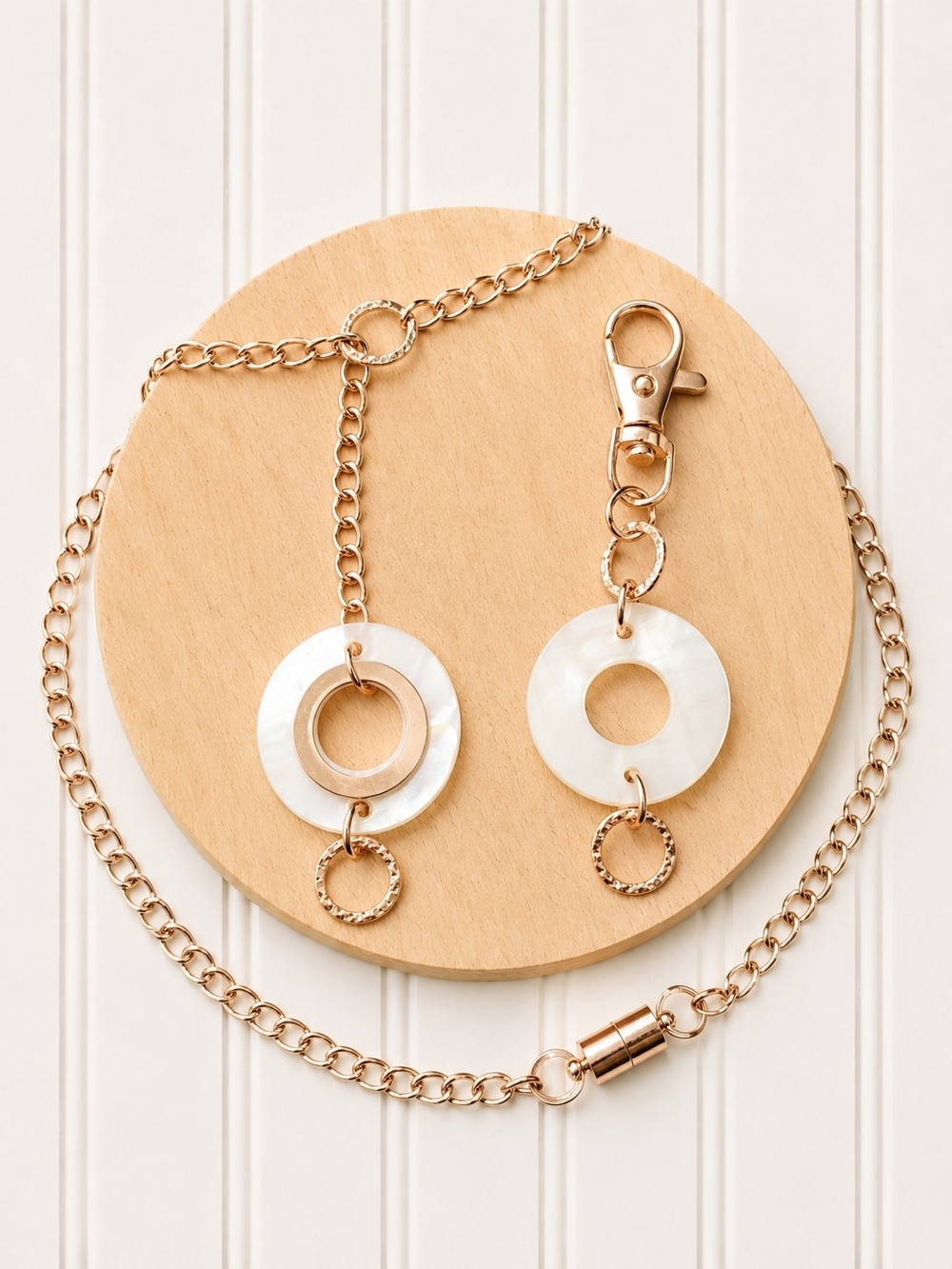 Gold-Tone Chain Necklace and Keychain Set with White Mother Of Pearl Rings